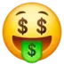 Cara con el símbolo del dolar en la boca